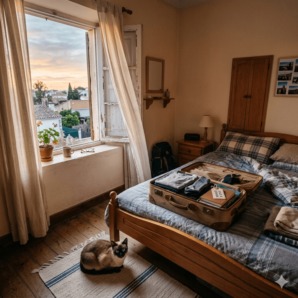 una habitación pequeña, con una ventana abierta por donde se cuela la luz del amanecer, las cortinas un poco abiertas se mecen con una brisa suave, sobre la cama una maleta en preparativos de viaje y al pie de la cama un gato siamés